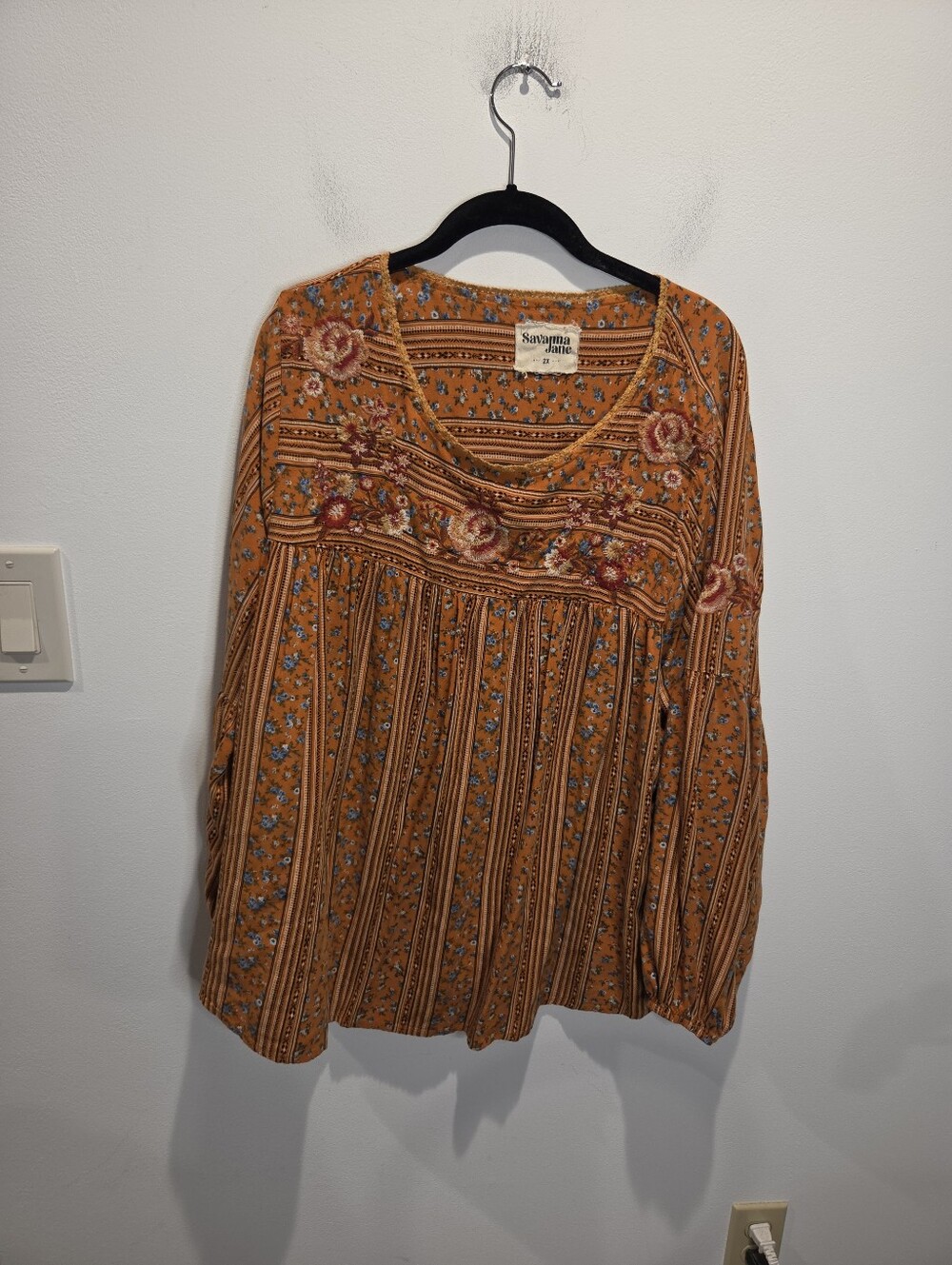 Savanna Jane Size 2x Burnt Orange Floral Print Boho Top With Embroidery